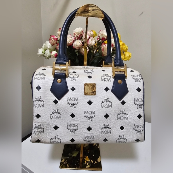 MCM Handbags - EUC MCM White Navy Coated Canvas Boston Handbag